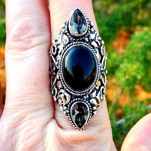 New Black Onyx & Smoky Quartz 925 Silver Statement Ring.